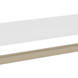 A white rectangular shelf and a beige metal bracket placed in parallel. The shelf is positioned above the bracket, which has several holes for mounting. The objects are isolated on a white background.