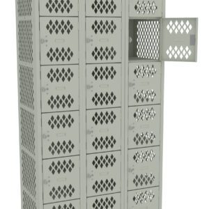A gray metal locker unit with three columns and eight rows of square compartments, featuring diamond-shaped vents. One compartment door is open, revealing the empty interior.