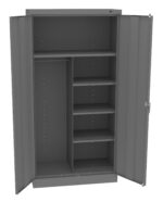 Open metal cabinet with two doors. The interior features a rod for hanging clothes on the left and four adjustable shelves on the right. The cabinet is gray and appears sturdy and functional.