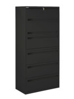 A tall black metal filing cabinet with five drawers and a lock on the top drawer. Each drawer has a horizontal handle. The cabinet is shown against a white background.