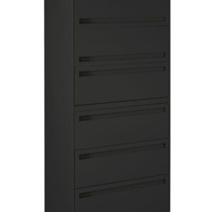 A tall black metal filing cabinet with five drawers and a lock on the top drawer. Each drawer has a horizontal handle. The cabinet is shown against a white background.