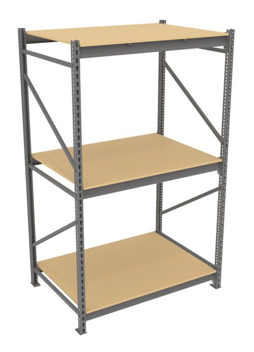 A three-shelf metal storage unit with a gray frame and beige shelves. The shelves are evenly spaced, and the unit has a sturdy, industrial design.