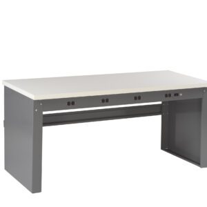 A modern, minimalist desk with a white tabletop and gray legs. The desk features integrated power outlets at the front, providing convenient access for electronics.
