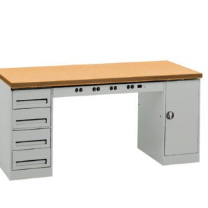 A large, beige workstation with a wooden top surface. It features a set of four drawers on the left, and a cabinet with a door on the right. The desk also has four electrical outlets below the desktop.