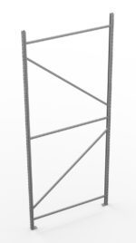 A metal shelving frame with vertical posts and diagonal cross braces on a white background. The frame is freestanding and lacks any shelves, showcasing an industrial design typically used for storage.