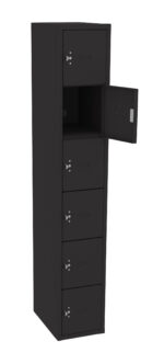 Tall black metal storage locker with six compartments, five closed and one open. The open compartment reveals a small empty space. Each compartment has a small handle and number label. The locker stands upright against a white background.