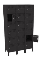 A black metal locker unit with three columns and six rows of compartments, some of which are open. The lockers have ventilation slots and a simple latch mechanism on each door. The unit stands on four legs.