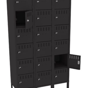 A black metal locker unit with three columns and six rows of compartments, some of which are open. The lockers have ventilation slots and a simple latch mechanism on each door. The unit stands on four legs.