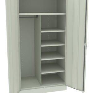 An open metal storage cabinet with two doors is shown. Inside, there are multiple shelves on the right and a hanging rod on the left. The cabinet is light gray and has a simple, industrial design.