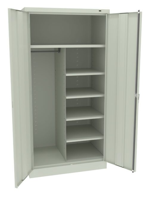 An open metal storage cabinet with two doors is shown. Inside, there are multiple shelves on the right and a hanging rod on the left. The cabinet is light gray and has a simple, industrial design.