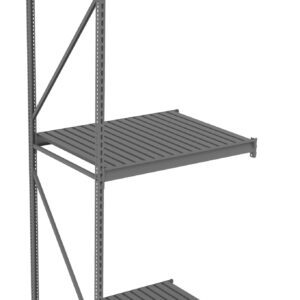 Metal storage rack with three evenly spaced shelves, standing on four legs with vertical and diagonal support bars. The shelves and frame are gray, and the unit is freestanding.
