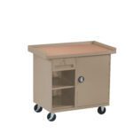 A beige rolling cart with a flat rectangular top, a lockable cabinet on the right, and two open shelves on the left. The cart has four black caster wheels for mobility.