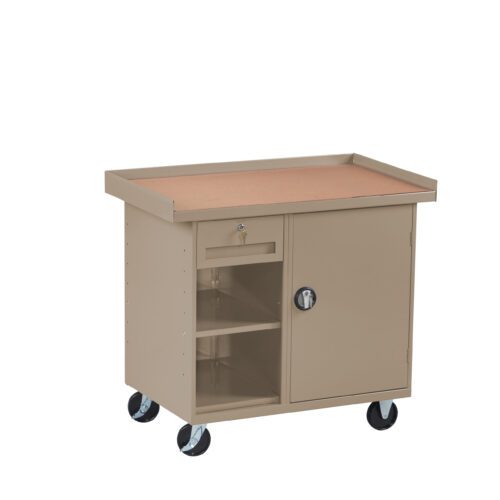 A beige rolling cart with a flat rectangular top, a lockable cabinet on the right, and two open shelves on the left. The cart has four black caster wheels for mobility.