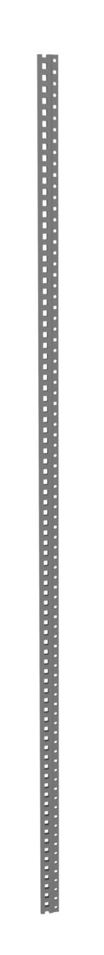 A tall, narrow, metallic structure with evenly spaced rectangular cutouts along its length. The object is gray and vertically oriented against a white background.