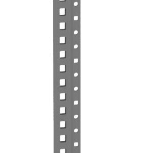 A tall, narrow, metallic structure with evenly spaced rectangular cutouts along its length. The object is gray and vertically oriented against a white background.