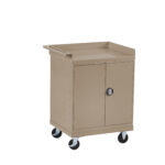 Beige metal utility cart with a flat top, two lockable doors, and four caster wheels.