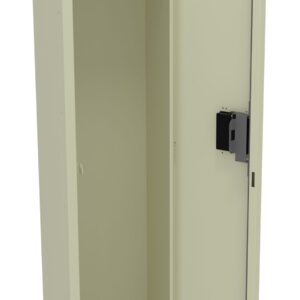 A beige metal locker with a single compartment is open, showing an empty interior. It features a shelf at the top and a locking mechanism on the door. The design is simple and functional.
