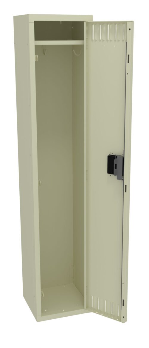 A beige metal locker with a single compartment is open, showing an empty interior. It features a shelf at the top and a locking mechanism on the door. The design is simple and functional.