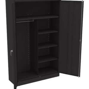Open black storage cabinet with two doors. Inside, it has a hanging rod on the left, and shelves on the right side. One door is fully open, revealing the interior compartments designed for organizing clothes or items.