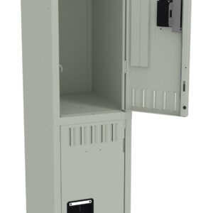 A tall, light gray metal storage locker with two compartments. The top compartment door is open, showing an empty interior. The bottom compartment door is closed, featuring a small black rectangular panel near the bottom.