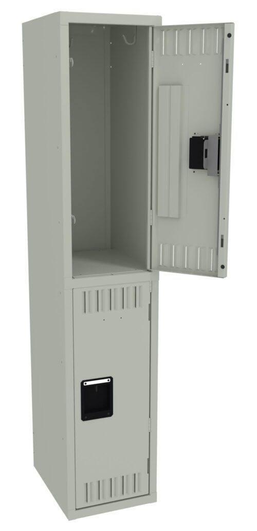 A tall, light gray metal storage locker with two compartments. The top compartment door is open, showing an empty interior. The bottom compartment door is closed, featuring a small black rectangular panel near the bottom.