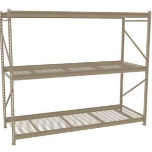 A large, beige metal storage rack with three wire mesh shelves is shown. It has an open frame design with vertical supports and crossbars for stability. The shelving unit is empty and positioned against a plain background.
