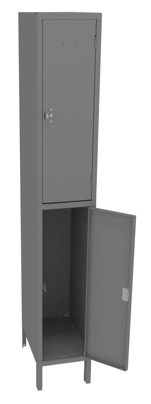 snghcd6cly4fvuup6aoz.jpg Tall, gray metal locker with two compartments. The lower door is open, revealing an empty space, while the upper door is closed. The locker stands on four small legs.