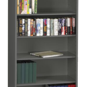 A tall metal bookshelf filled with a variety of books and files. The top shelves hold hardcover books with colorful spines, while the lower shelves have several binders in green, blue, and red. One shelf has a closed book.