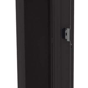 A tall, black metal locker with a single open door, revealing an empty interior with a shelving area at the top and a hanging bar for clothing. The locker has a lock mechanism on the door.