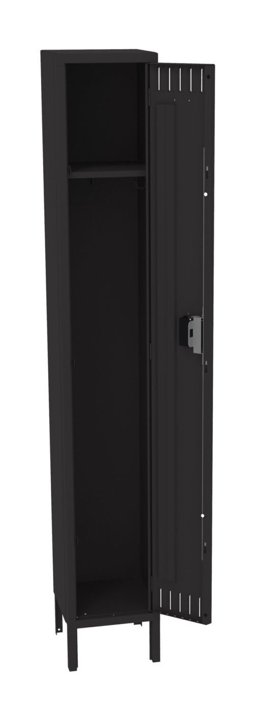 so1gfstujufzfgd20r5y.jpg A tall, black metal locker with a single open door, revealing an empty interior with a shelving area at the top and a hanging bar for clothing. The locker has a lock mechanism on the door.