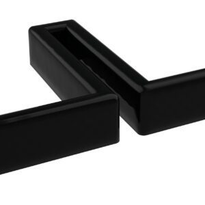 A black, L-shaped object lying on a white background, featuring two rectangular arms connected at a right angle.