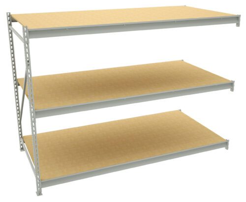 Three-tiered metal shelving unit with wooden shelves, viewed from an angle. The shelves are evenly spaced and supported by a metal frame. The design is industrial and practical, offering ample storage space.