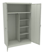 A beige, metal storage cabinet with two open doors revealing a vertical divider. The left side has a clothing rod, while the right features adjustable shelves. The cabinet stands on a flat base and has handles on each door.