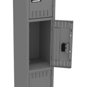 A tall gray metal locker with three compartments is shown. The middle locker door is open, revealing an empty interior. The top and bottom lockers remain closed. The locker stands on four legs.