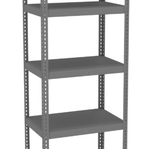 Gray metal shelving unit with five adjustable shelves, designed for storage and organization. The open-frame structure provides visibility and easy access to stored items. Ideal for use in garages, warehouses, or offices.