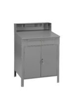 A grey metal workstation with a flat top, featuring a lockable drawer below it. Beneath the drawer are two lockable cabinet doors. The back of the workstation includes small open shelves for storage.