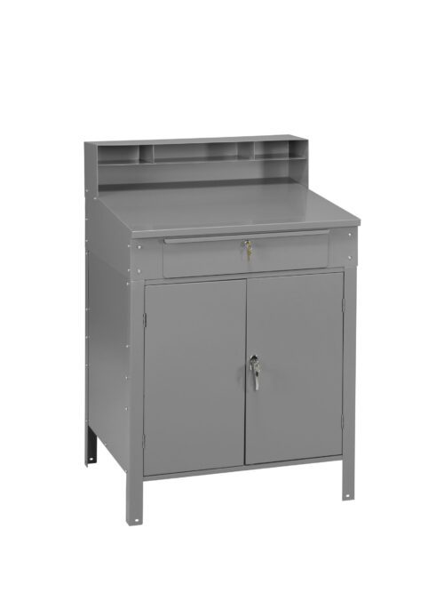 A grey metal workstation with a flat top, featuring a lockable drawer below it. Beneath the drawer are two lockable cabinet doors. The back of the workstation includes small open shelves for storage.