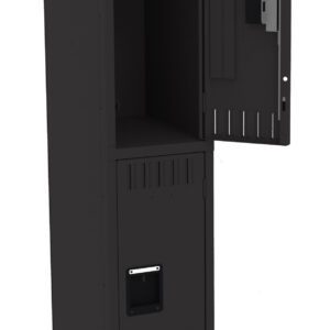 A black metal storage locker with a tall, narrow design. The top door is open, revealing an empty interior, while the bottom door remains closed. The locker stands on four legs.