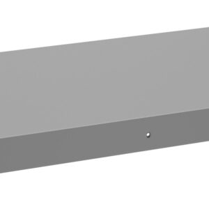 A gray, rectangular metal electronic equipment rackmount shelf with a flat top and reinforced edges, designed for installation in a server rack. The shelf has mounting brackets on each side.