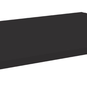 A flat, rectangular black object resembling a shelf or platform, viewed at an angle. The surface is smooth and glossy, and the edges are sharp and precise.