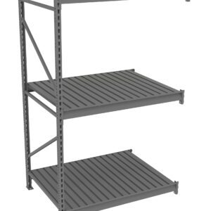 A metal shelving unit with three evenly spaced horizontal shelves. The structure is open on all sides with supportive cross-braces, suitable for storage or organizational use. Its industrial design features a grey finish.