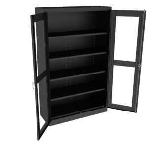 A black metal storage cabinet with glass doors is open, revealing five adjustable shelves inside. The cabinet appears to be empty and is designed for organized storage in an office or home setting.