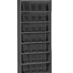 A tall metal storage cabinet with multiple shelves and empty gray bins. The bins are uniformly arranged across the shelves, providing organized storage space. The cabinet has a solid, industrial appearance.