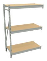 A three-tier steel shelving unit with light brown wooden shelves and unpainted metal frame. The design is industrial, with open sides and a sturdy structure, suitable for storage or organizing spaces.