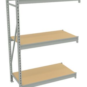 A three-tier steel shelving unit with light brown wooden shelves and unpainted metal frame. The design is industrial, with open sides and a sturdy structure, suitable for storage or organizing spaces.