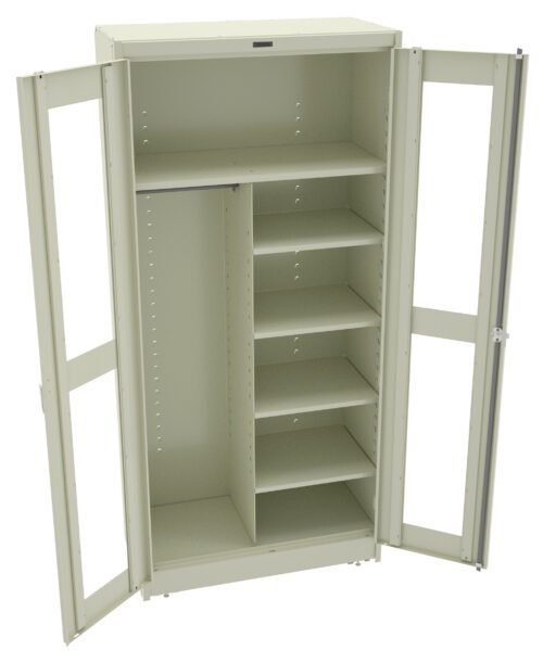 A beige metal storage cabinet with open doors revealing multiple shelves on the right side and a single hanging rod on the left. The cabinet is empty, showcasing its storage capacity and interior organization.
