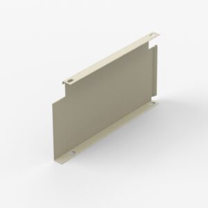 A beige metal bracket with two mounting holes on each side, standing upright on a light gray surface. The bracket has a flat center section with extended flanges on the top and bottom edges.