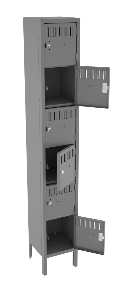 Tall, gray metal locker with four compartments, each having a vented door. Three of the doors are open, showing the interior space. Each compartment has a lock, and the locker stands on four legs.
