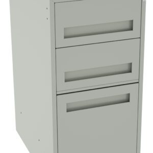 A gray metal office storage unit with a modern design, featuring three drawers; the top two are smaller and aligned horizontally, while the bottom drawer is larger. The surface is plain with a lock on the top right corner.