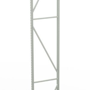 A tall, light gray metal shelving frame with a series of diagonal and horizontal supports, standing on a white background. It has holes along its vertical sections for adjustable shelving placement.